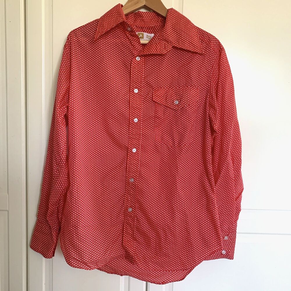 Vintage White Stag 60s Polka Dot Nylon Button Down Shirt Retro Red Mens